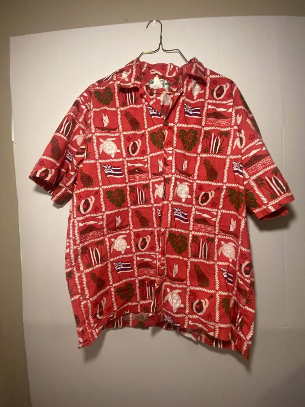 Two Palms Men's Hawaiian Aloha Shirt Red with State Flag and Tropical Print